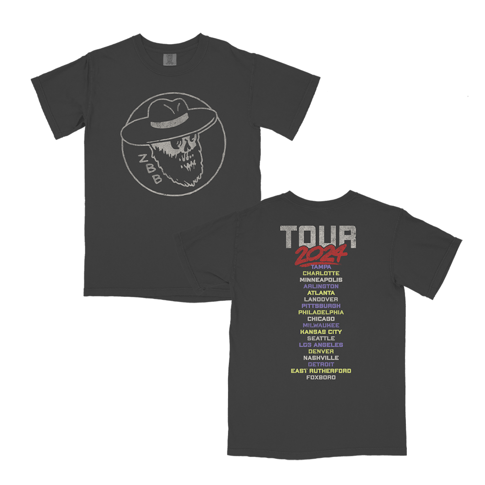 Black t-shirt with tour dates on the back and a skull logo on the front.