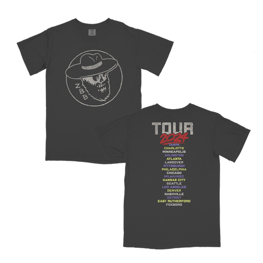 Black t-shirt with tour dates on the back and a skull logo on the front.