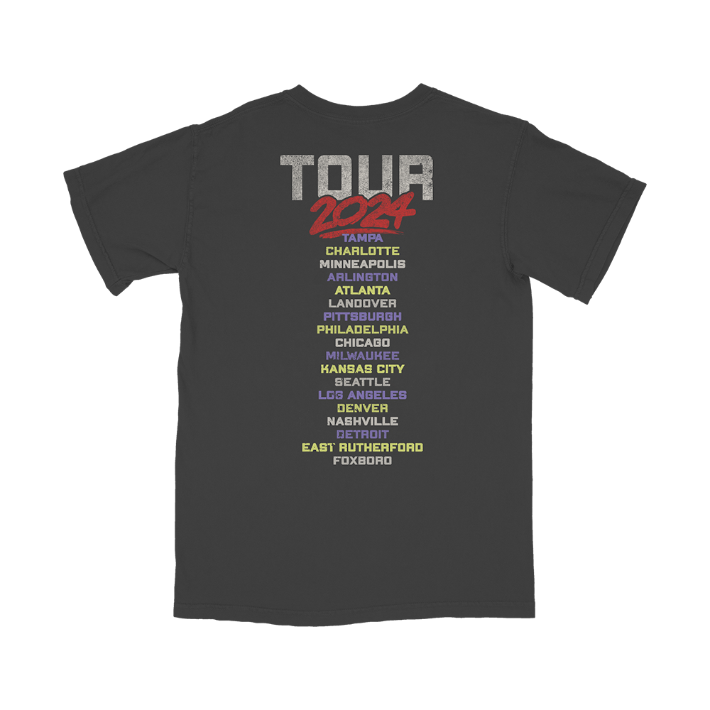 Dark gray t-shirt with a 2024 tour schedule printed on the front.