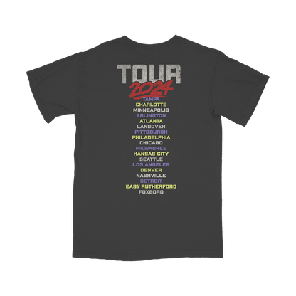 Dark gray t-shirt with a 2024 tour schedule printed on the front.