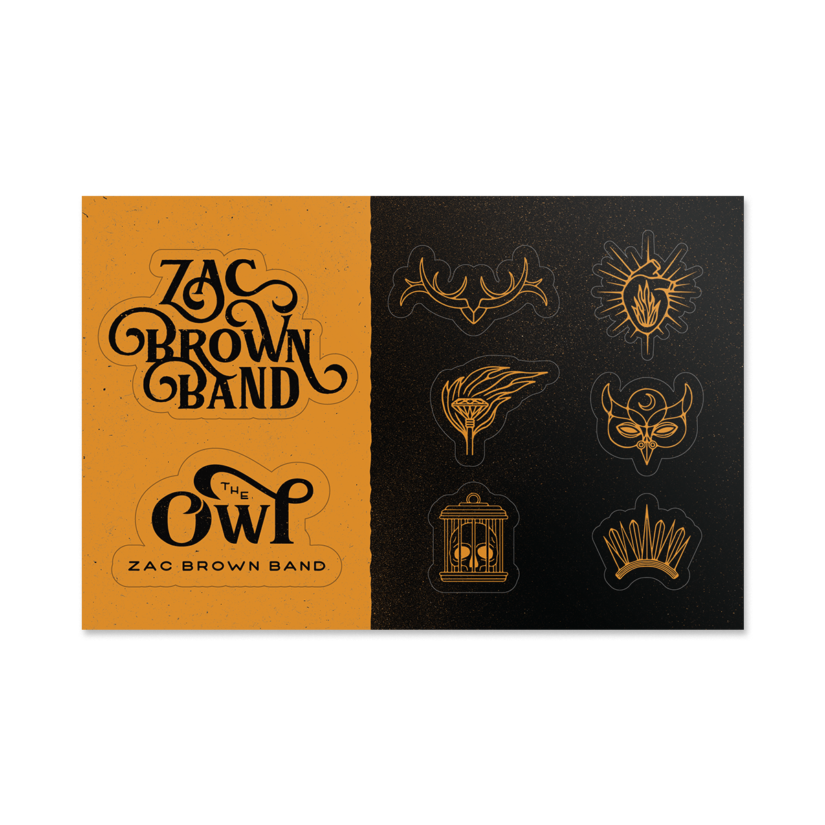 Logo and icon set for the Zac Brown Band, featuring stylized text and symbolic designs in gold and black.