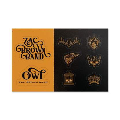 Logo and icon set for the Zac Brown Band, featuring stylized text and symbolic designs in gold and black.