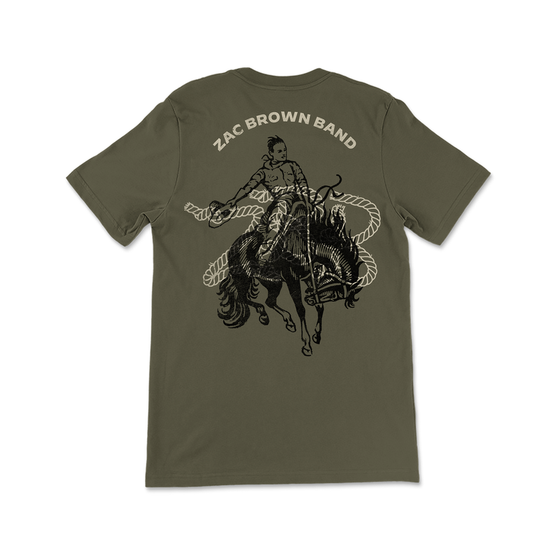 Olive green t-shirt with a Zac Brown Band rodeo-themed graphic on the back.