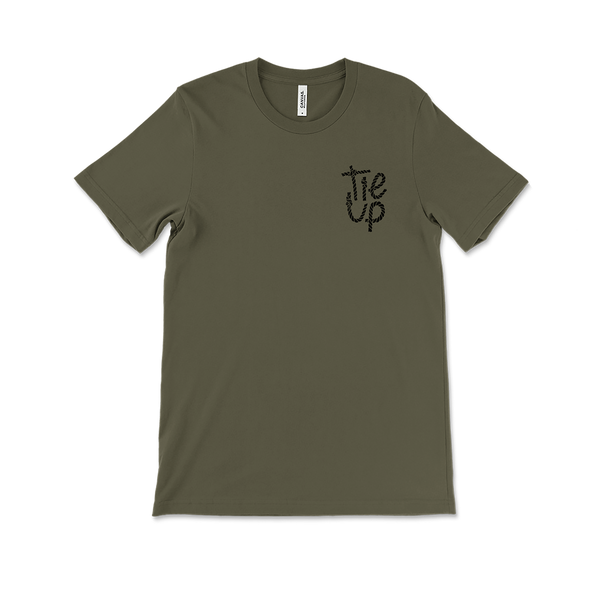 Olive green t-shirt with ’Tie Up’ text printed on the chest.