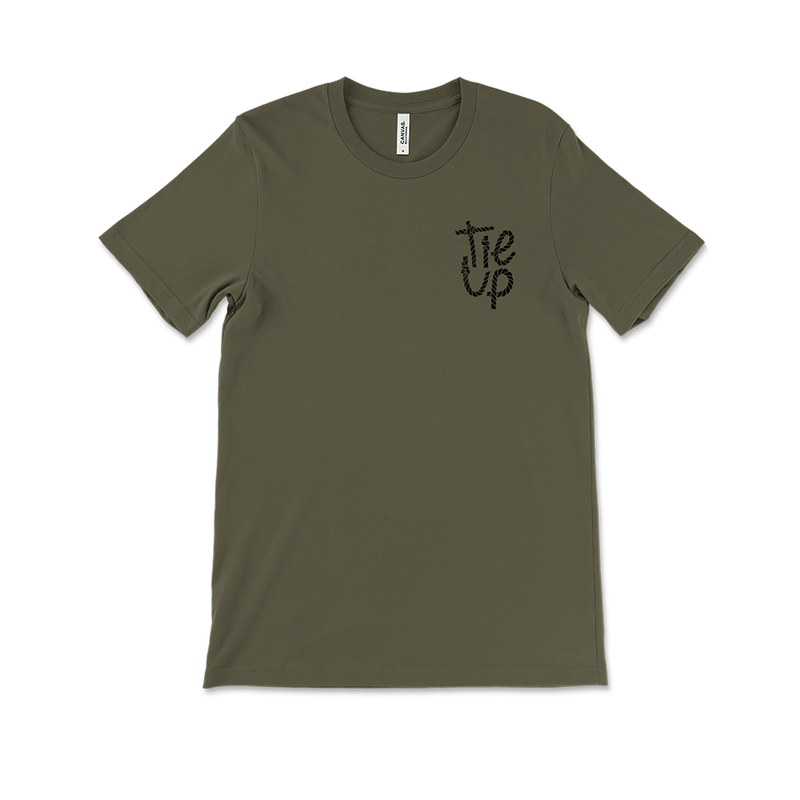 Olive green t-shirt with ’Tie Up’ text printed on the chest.