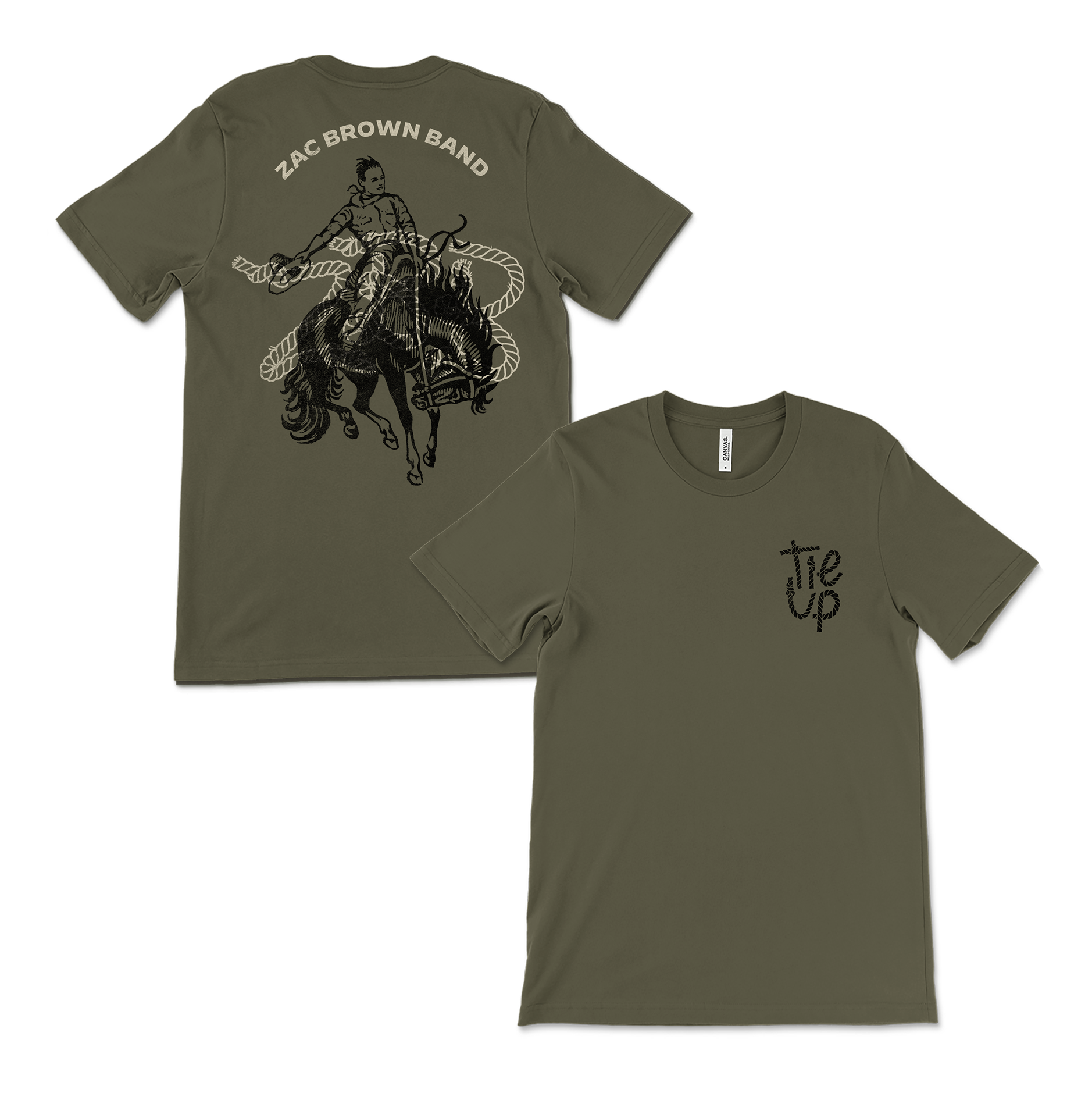 Olive green t-shirt with cowboy rodeo design for Zac Brown Band.