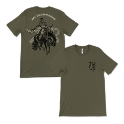 Olive green t-shirt with cowboy rodeo design for Zac Brown Band.