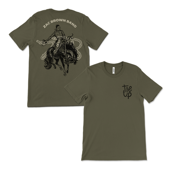 Olive green t-shirt with cowboy rodeo design for Zac Brown Band.