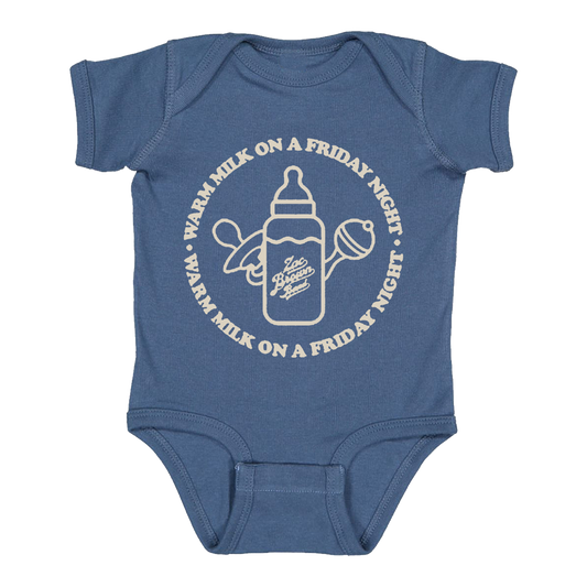 Blue baby onesie with a milk bottle design and text about warm milk on Friday nights.