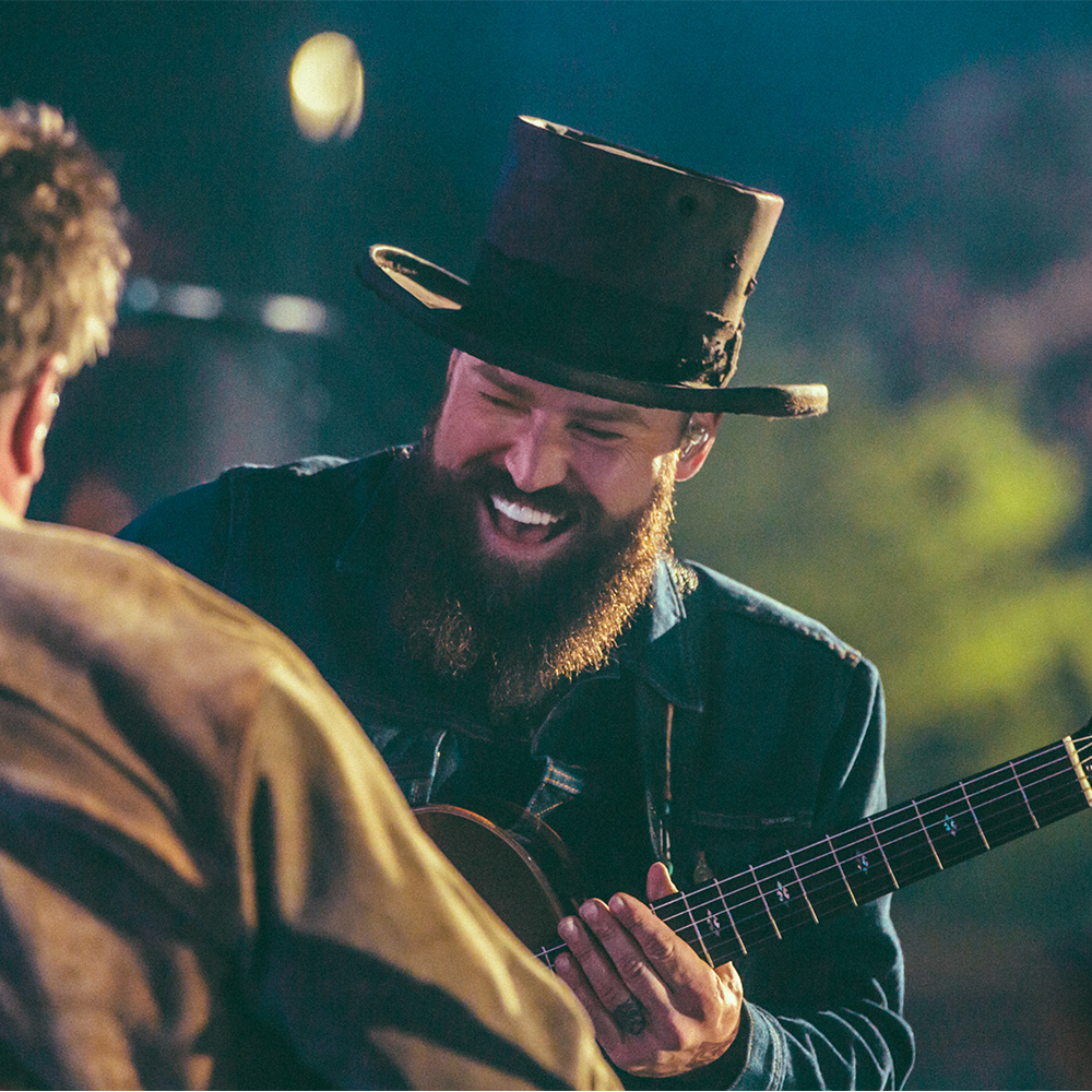 Bearded musician wearing a top hat and playing a guitar while smiling.