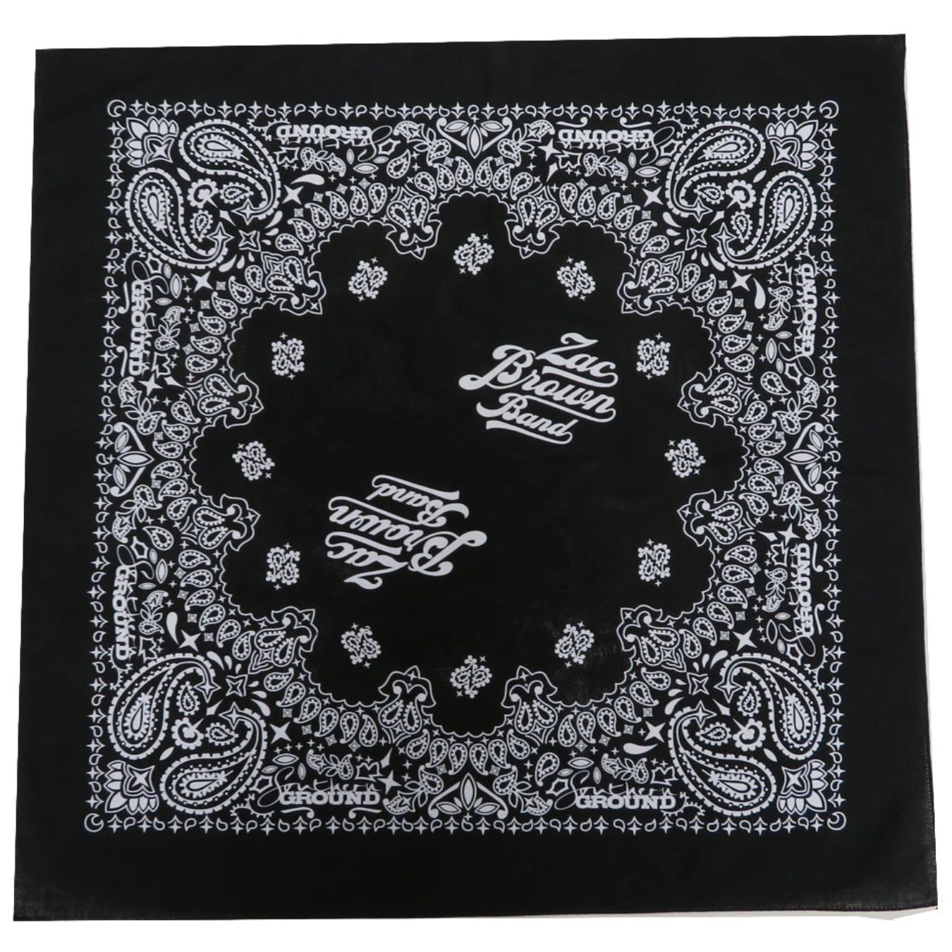 Black bandana with intricate white paisley and floral patterns featuring ’Zac Brown Band’ text in the center.