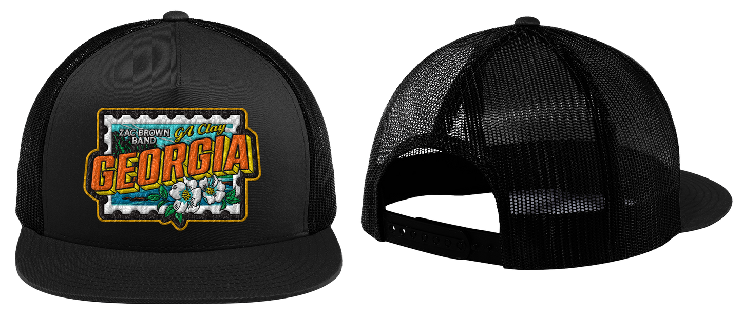 Black trucker hat with a colorful ’Georgia’ patch on the front panel.