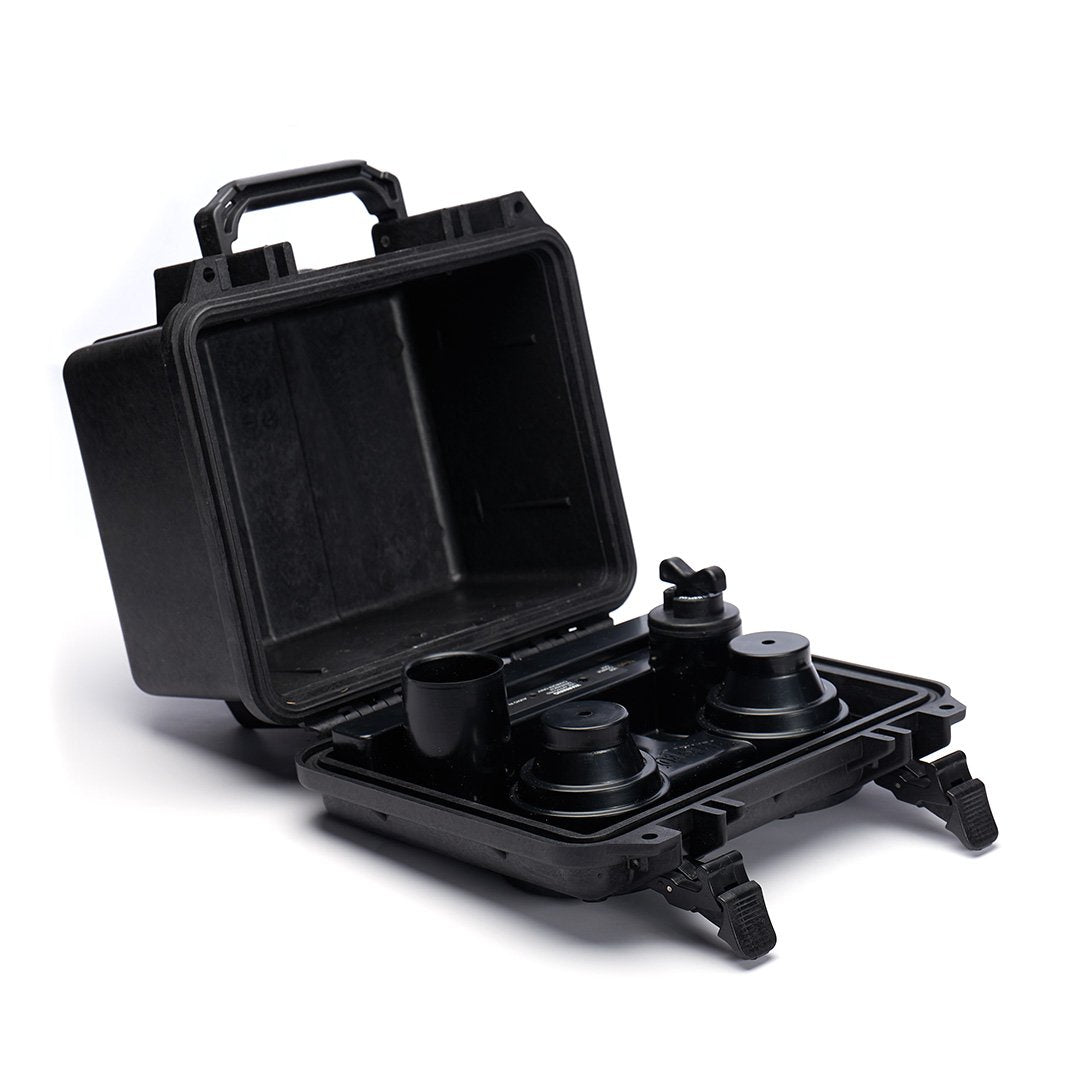 Black protective hard case with compartments for equipment storage.