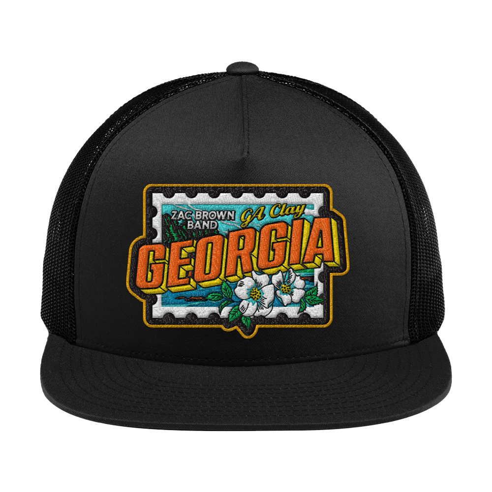 Black trucker hat with a colorful ’Georgia’ patch featuring the Zac Brown Band logo and floral design.