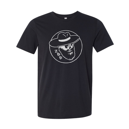 Black t-shirt with a white circular logo featuring a skull wearing a hat.