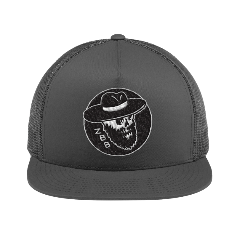 Gray trucker-style baseball cap with a skull logo embroidered on the front.